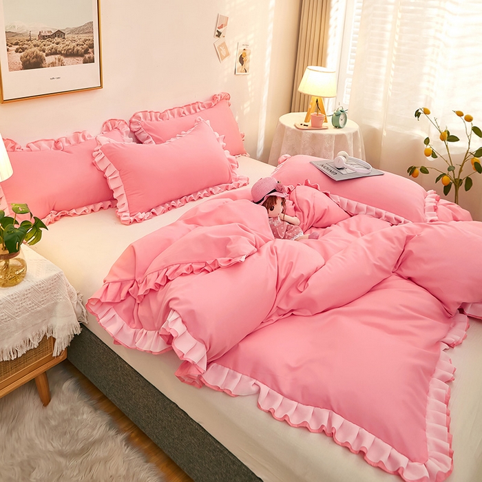 91家纺网 家纺一手货源 找家纺 沐珩家纺 2026新款韩版公主风亲肤磨毛床单四件套-爱恋系列 爱恋-萝莉粉