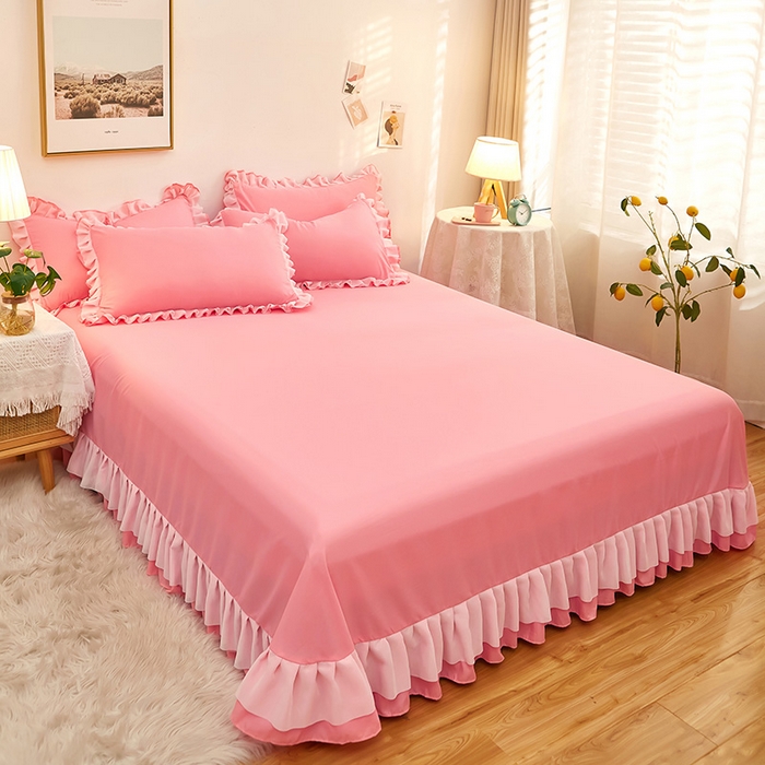 91家纺网 家纺一手货源 找家纺 沐珩家纺 2026新款韩版公主风亲肤磨毛床单四件套-爱恋系列 爱恋-萝莉粉