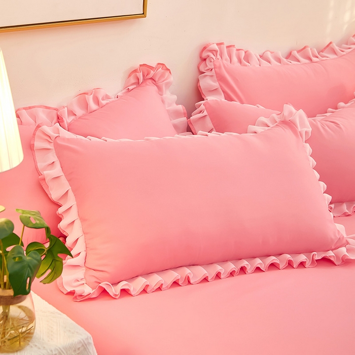 91家纺网 家纺一手货源 找家纺 沐珩家纺 2026新款韩版公主风亲肤磨毛床单四件套-爱恋系列 爱恋-萝莉粉