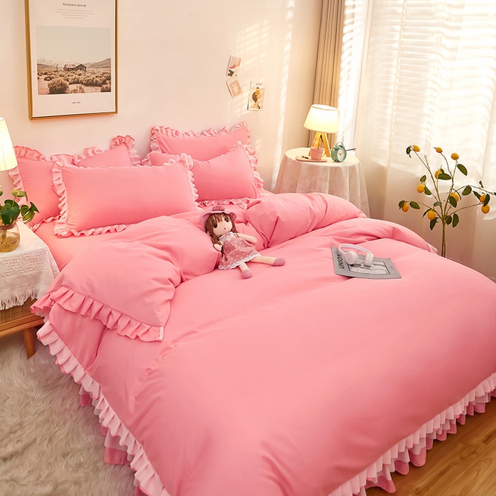 91家纺网 家纺一手货源 找家纺 沐珩家纺 2026新款韩版公主风亲肤磨毛床单四件套-爱恋系列 爱恋-萝莉粉