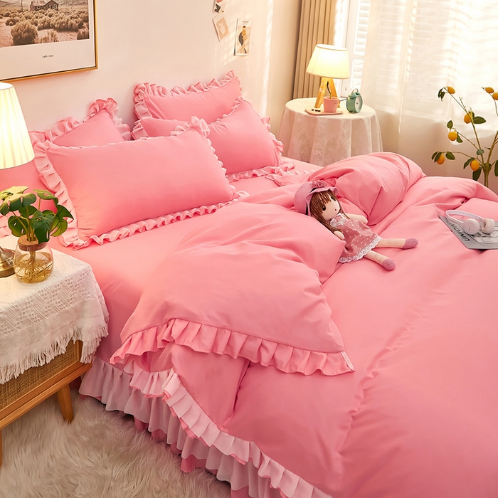 91家纺网 家纺一手货源 找家纺 沐珩家纺 2026新款韩版公主风亲肤磨毛床单四件套-爱恋系列 爱恋-萝莉粉
