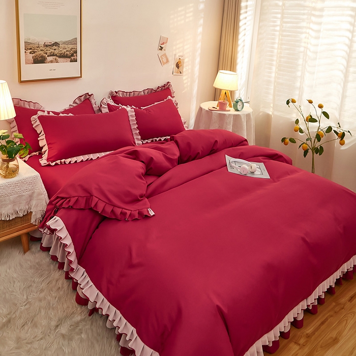 91家纺网 家纺一手货源 找家纺 沐珩家纺 2026新款韩版公主风亲肤磨毛床单四件套-爱恋系列 爱恋-玛雅红