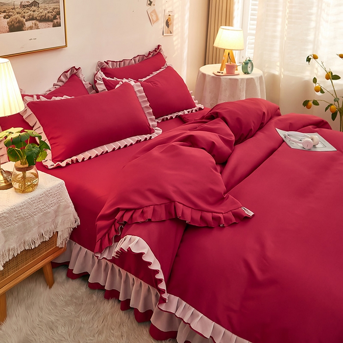 91家纺网 家纺一手货源 找家纺 沐珩家纺 2026新款韩版公主风亲肤磨毛床单四件套-爱恋系列 爱恋-玛雅红
