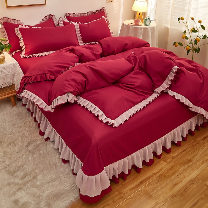 91家纺网 家纺一手货源 找家纺 沐珩家纺 2026新款韩版公主风亲肤磨毛床单四件套-爱恋系列 爱恋-玛雅红