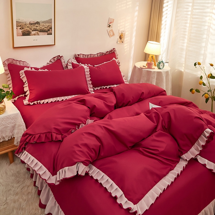 91家纺网 家纺一手货源 找家纺 沐珩家纺 2026新款韩版公主风亲肤磨毛床单四件套-爱恋系列 爱恋-玛雅红