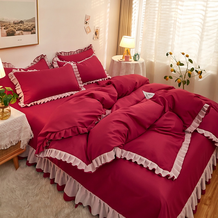 91家纺网 家纺一手货源 找家纺 沐珩家纺 2026新款韩版公主风亲肤磨毛床单四件套-爱恋系列 爱恋-玛雅红