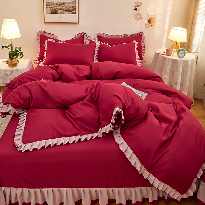 91家纺网 家纺一手货源 找家纺 沐珩家纺 2026新款韩版公主风亲肤磨毛床单四件套-爱恋系列 爱恋-玛雅红