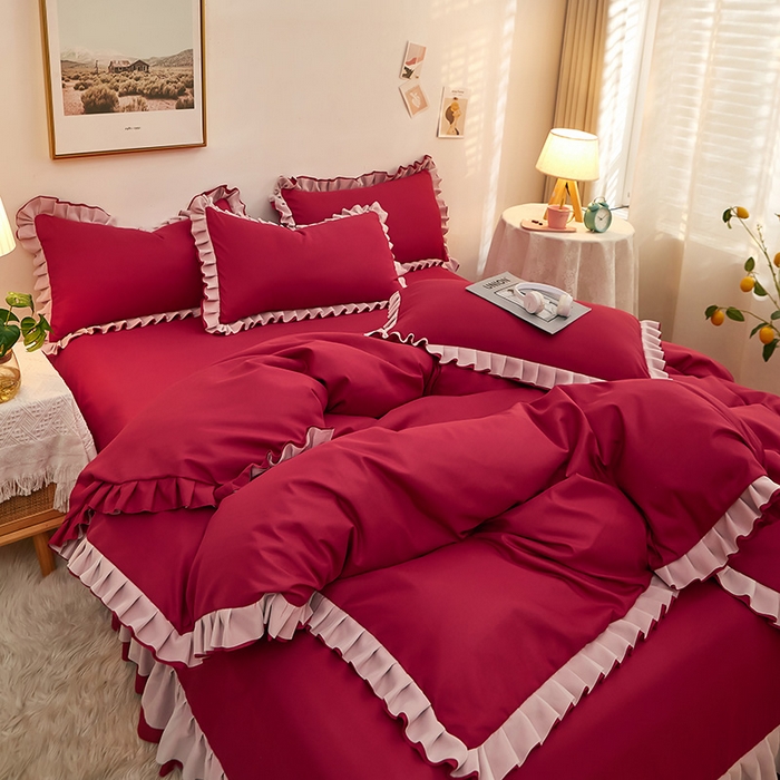 91家纺网 家纺一手货源 找家纺 沐珩家纺 2026新款韩版公主风亲肤磨毛床单四件套-爱恋系列 爱恋-玛雅红