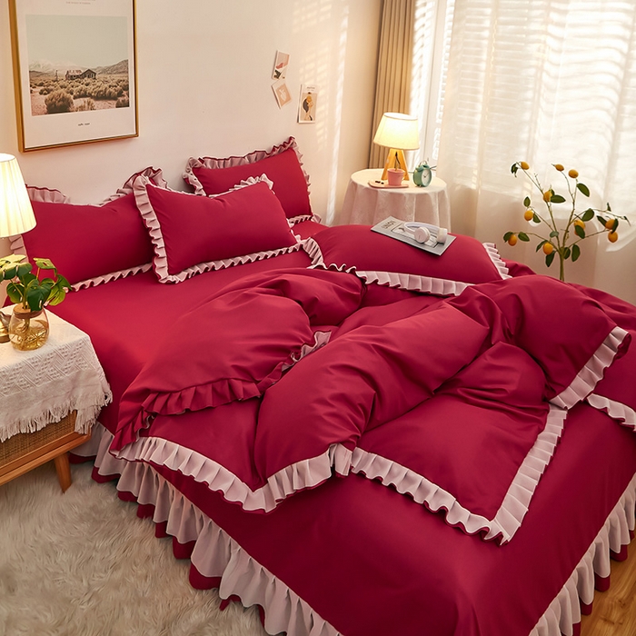 91家纺网 家纺一手货源 找家纺 沐珩家纺 2026新款韩版公主风亲肤磨毛床单四件套-爱恋系列 爱恋-玛雅红