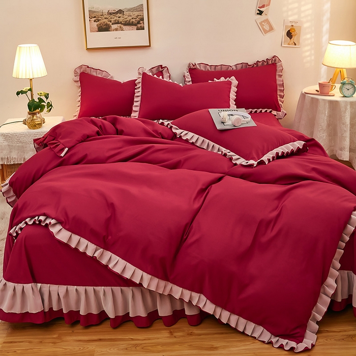 91家纺网 家纺一手货源 找家纺 沐珩家纺 2026新款韩版公主风亲肤磨毛床单四件套-爱恋系列 爱恋-玛雅红