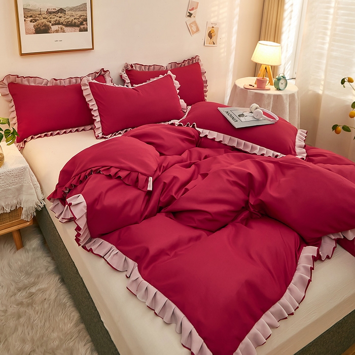91家纺网 家纺一手货源 找家纺 沐珩家纺 2026新款韩版公主风亲肤磨毛床单四件套-爱恋系列 爱恋-玛雅红