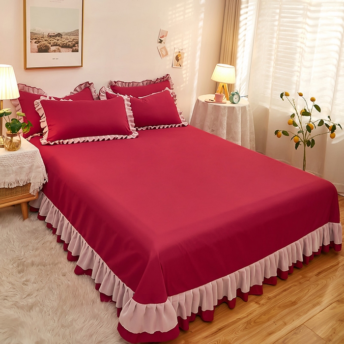 91家纺网 家纺一手货源 找家纺 沐珩家纺 2026新款韩版公主风亲肤磨毛床单四件套-爱恋系列 爱恋-玛雅红