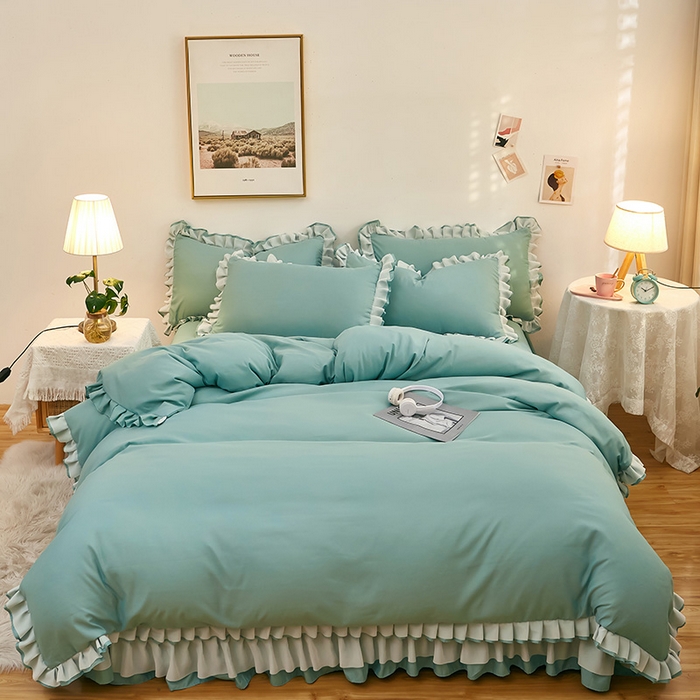 沐珩家纺 2026新款韩版公主风亲肤磨毛床单四件套-爱恋系列 爱恋-清水绿