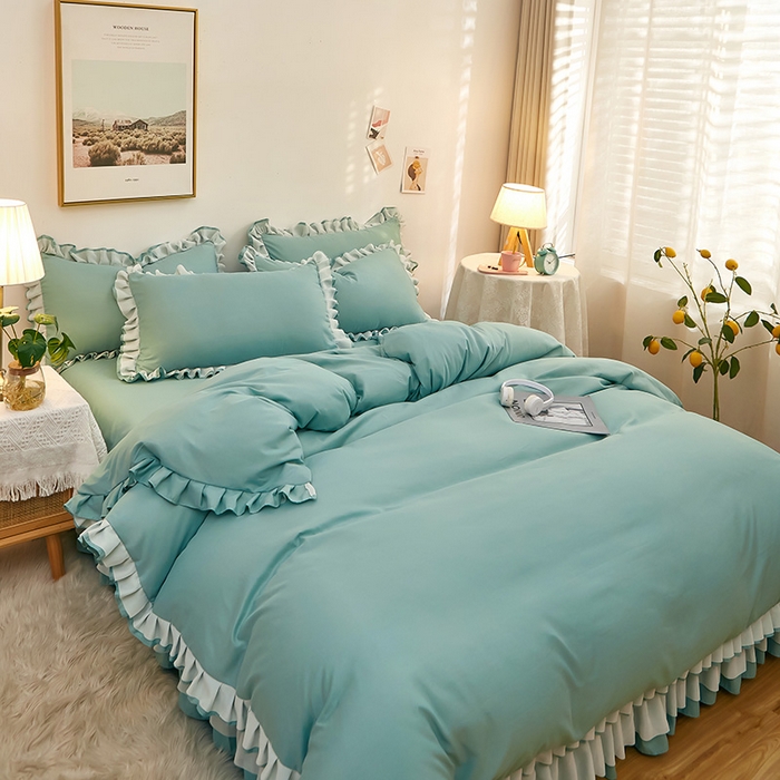 91家纺网 家纺一手货源 找家纺 沐珩家纺 2026新款韩版公主风亲肤磨毛床单四件套-爱恋系列 爱恋-清水绿