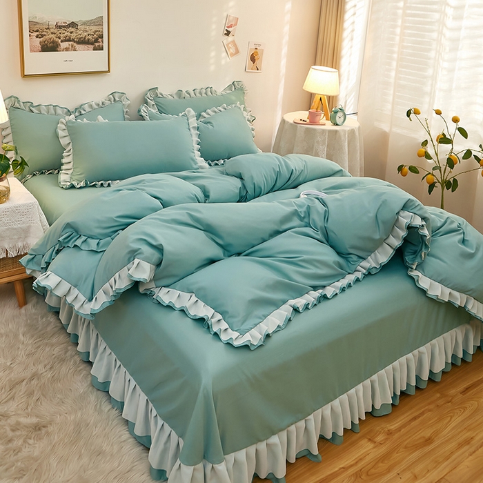 91家纺网 家纺一手货源 找家纺 沐珩家纺 2026新款韩版公主风亲肤磨毛床单四件套-爱恋系列 爱恋-清水绿