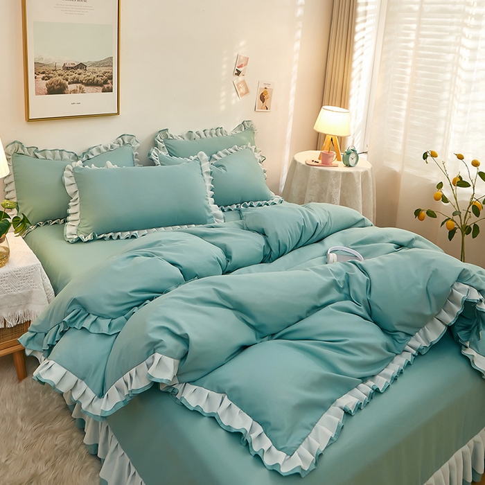 91家纺网 家纺一手货源 找家纺 沐珩家纺 2026新款韩版公主风亲肤磨毛床单四件套-爱恋系列 爱恋-清水绿