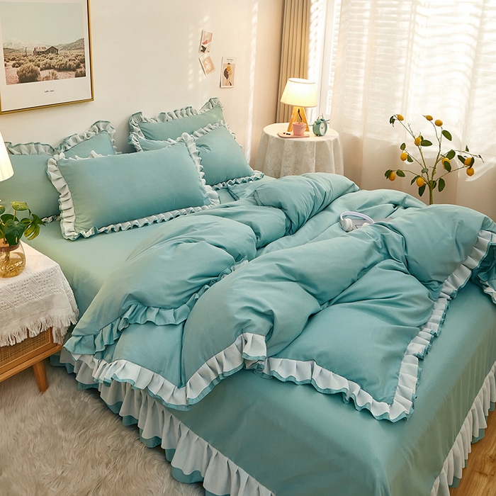 91家纺网 家纺一手货源 找家纺 沐珩家纺 2026新款韩版公主风亲肤磨毛床单四件套-爱恋系列 爱恋-清水绿