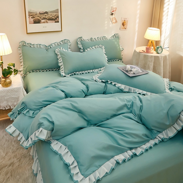 91家纺网 家纺一手货源 找家纺 沐珩家纺 2026新款韩版公主风亲肤磨毛床单四件套-爱恋系列 爱恋-清水绿