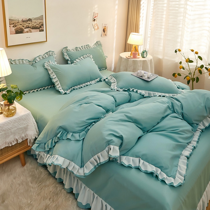 91家纺网 家纺一手货源 找家纺 沐珩家纺 2026新款韩版公主风亲肤磨毛床单四件套-爱恋系列 爱恋-清水绿
