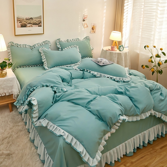 91家纺网 家纺一手货源 找家纺 沐珩家纺 2026新款韩版公主风亲肤磨毛床单四件套-爱恋系列 爱恋-清水绿