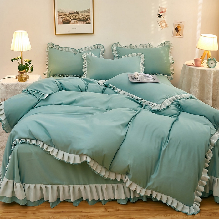 91家纺网 家纺一手货源 找家纺 沐珩家纺 2026新款韩版公主风亲肤磨毛床单四件套-爱恋系列 爱恋-清水绿