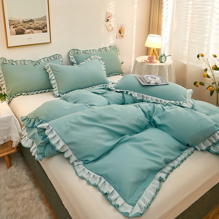 91家纺网 家纺一手货源 找家纺 沐珩家纺 2026新款韩版公主风亲肤磨毛床单四件套-爱恋系列 爱恋-清水绿