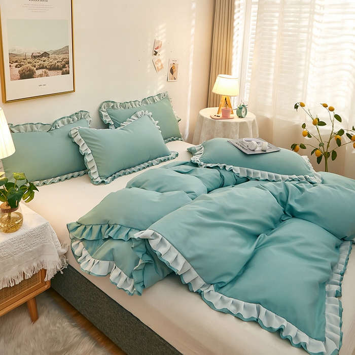 91家纺网 家纺一手货源 找家纺 沐珩家纺 2026新款韩版公主风亲肤磨毛床单四件套-爱恋系列 爱恋-清水绿