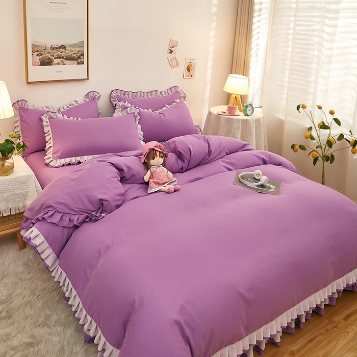 91家纺网 家纺一手货源 找家纺 沐珩家纺 2026新款韩版公主风亲肤磨毛床单四件套-爱恋系列 爱恋-香芋紫