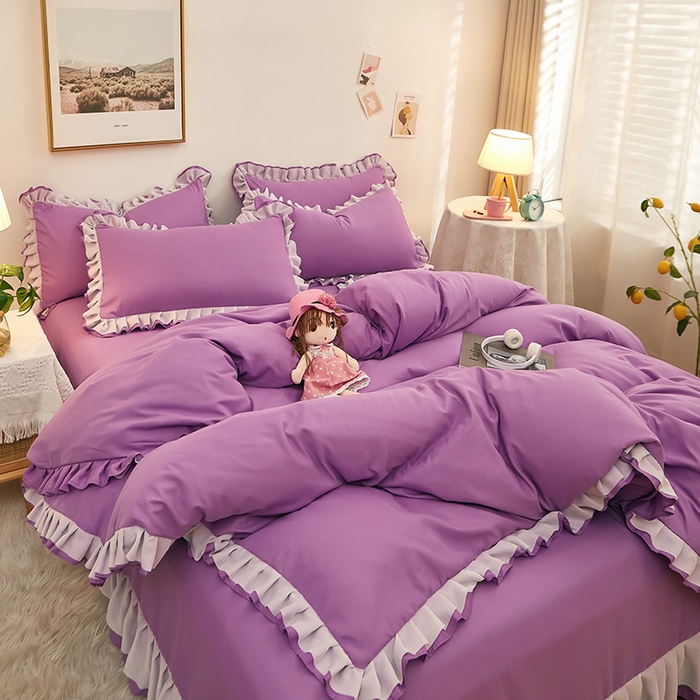 91家纺网 家纺一手货源 找家纺 沐珩家纺 2026新款韩版公主风亲肤磨毛床单四件套-爱恋系列 爱恋-香芋紫