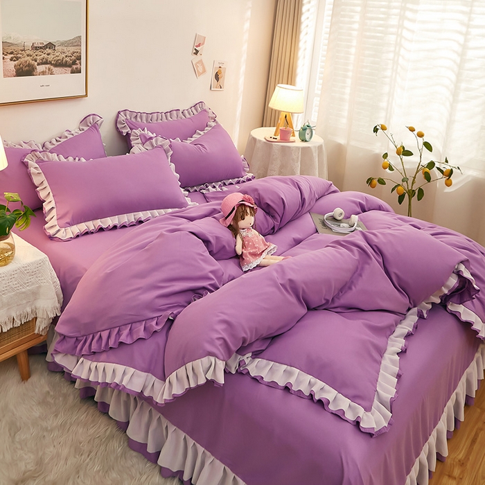 91家纺网 家纺一手货源 找家纺 沐珩家纺 2026新款韩版公主风亲肤磨毛床单四件套-爱恋系列 爱恋-香芋紫