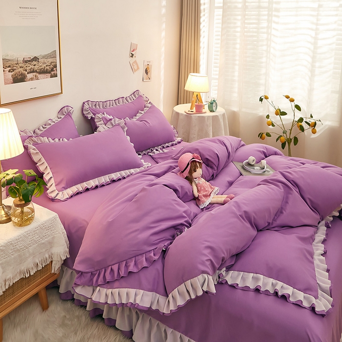 91家纺网 家纺一手货源 找家纺 沐珩家纺 2026新款韩版公主风亲肤磨毛床单四件套-爱恋系列 爱恋-香芋紫