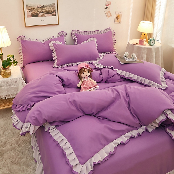 91家纺网 家纺一手货源 找家纺 沐珩家纺 2026新款韩版公主风亲肤磨毛床单四件套-爱恋系列 爱恋-香芋紫