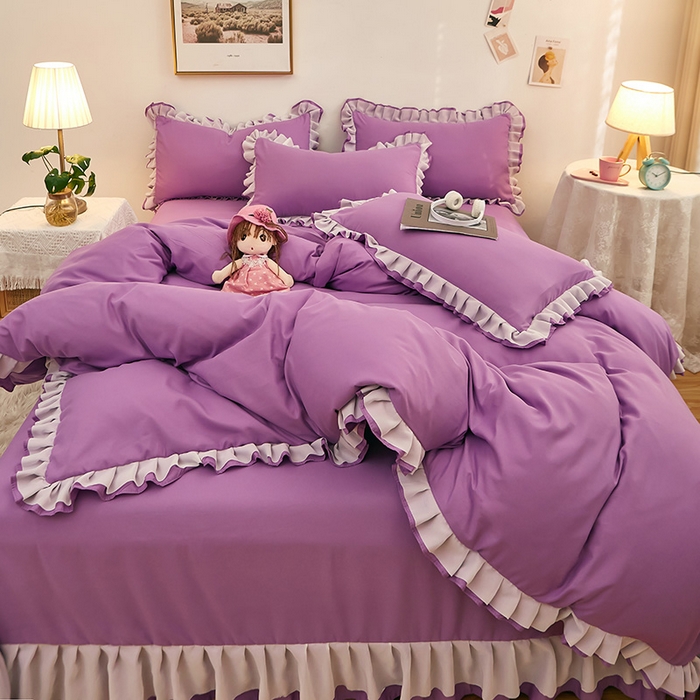 91家纺网 家纺一手货源 找家纺 沐珩家纺 2026新款韩版公主风亲肤磨毛床单四件套-爱恋系列 爱恋-香芋紫
