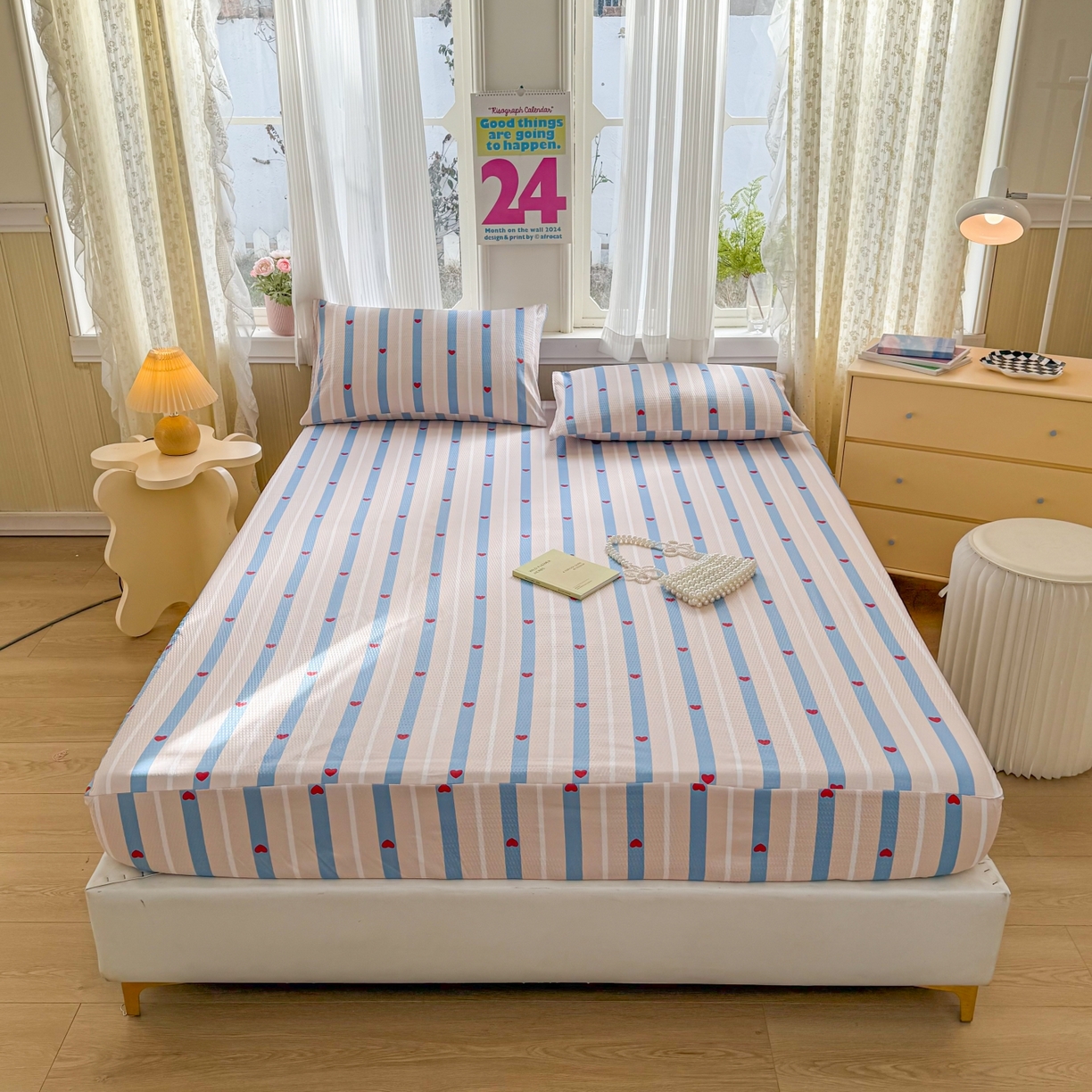 鹿辉家居（原吉欧力） 2026新款3D立体压泡床笠三件套 爱心条纹