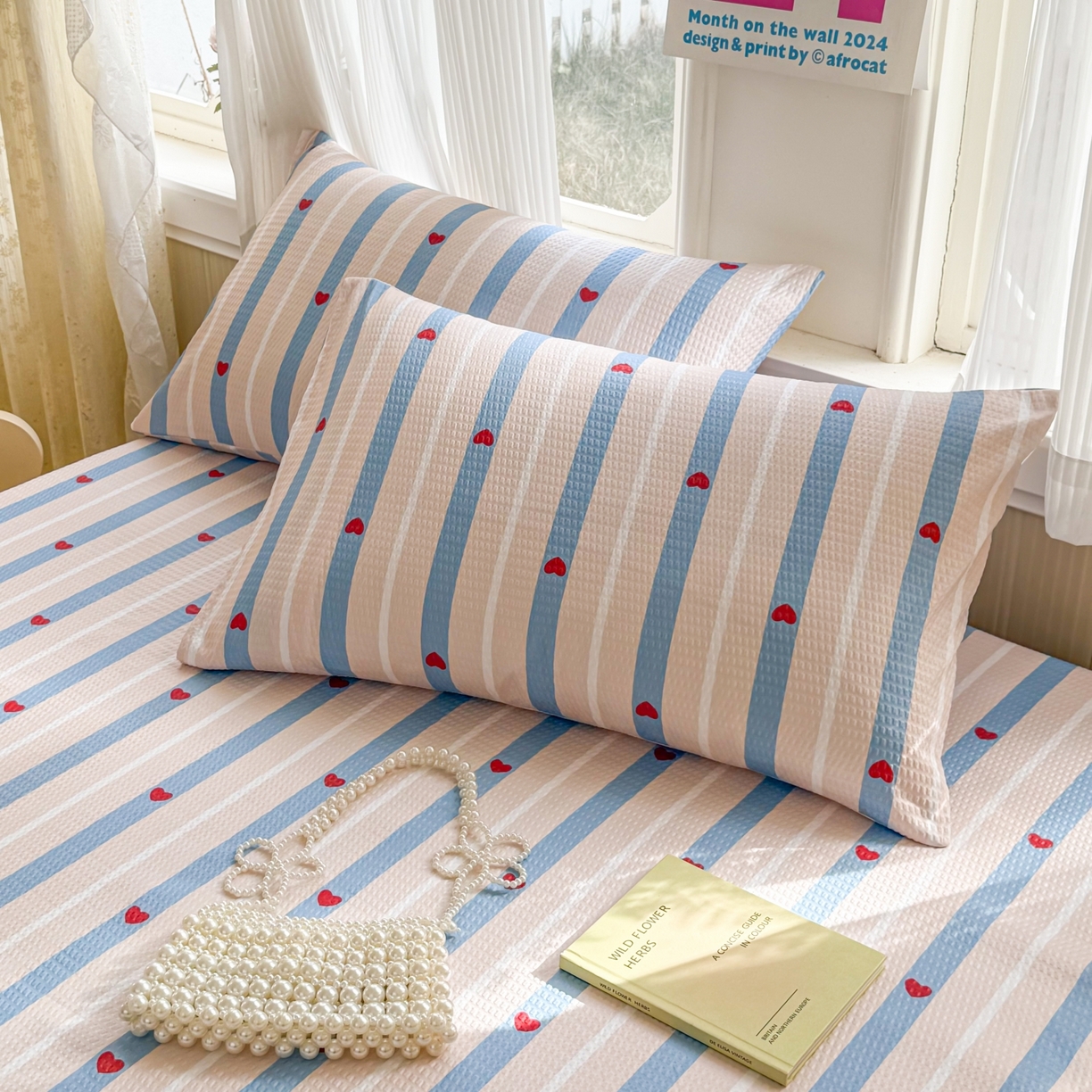 91家纺网 家纺一手货源 找家纺 鹿辉家居（原吉欧力） 2026新款3D立体压泡床笠三件套 爱心条纹