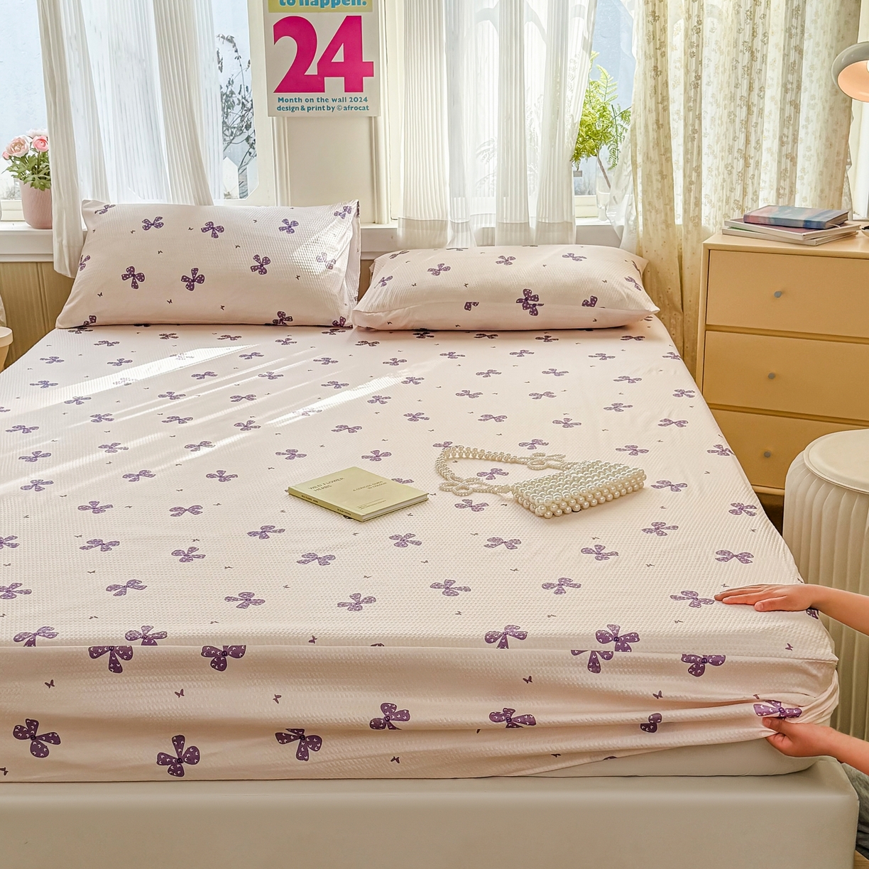 91家纺网 家纺一手货源 找家纺 鹿辉家居（原吉欧力） 2026新款3D立体压泡床笠三件套 紫蝴蝶结
