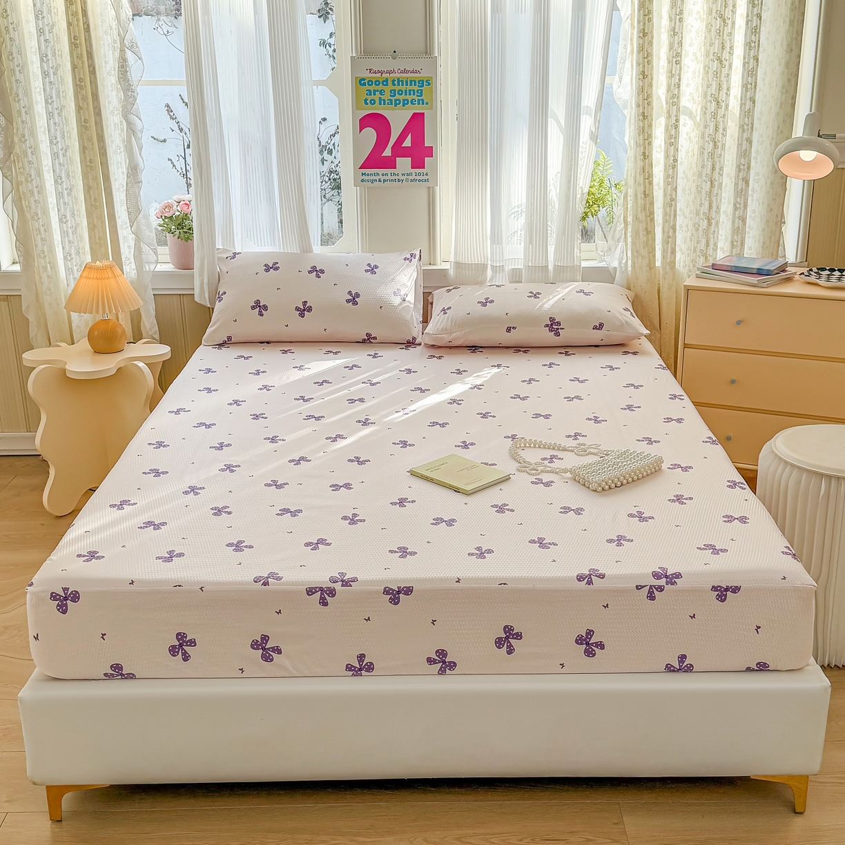 鹿辉家居（原吉欧力） 2026新款3D立体压泡床笠三件套 紫蝴蝶结