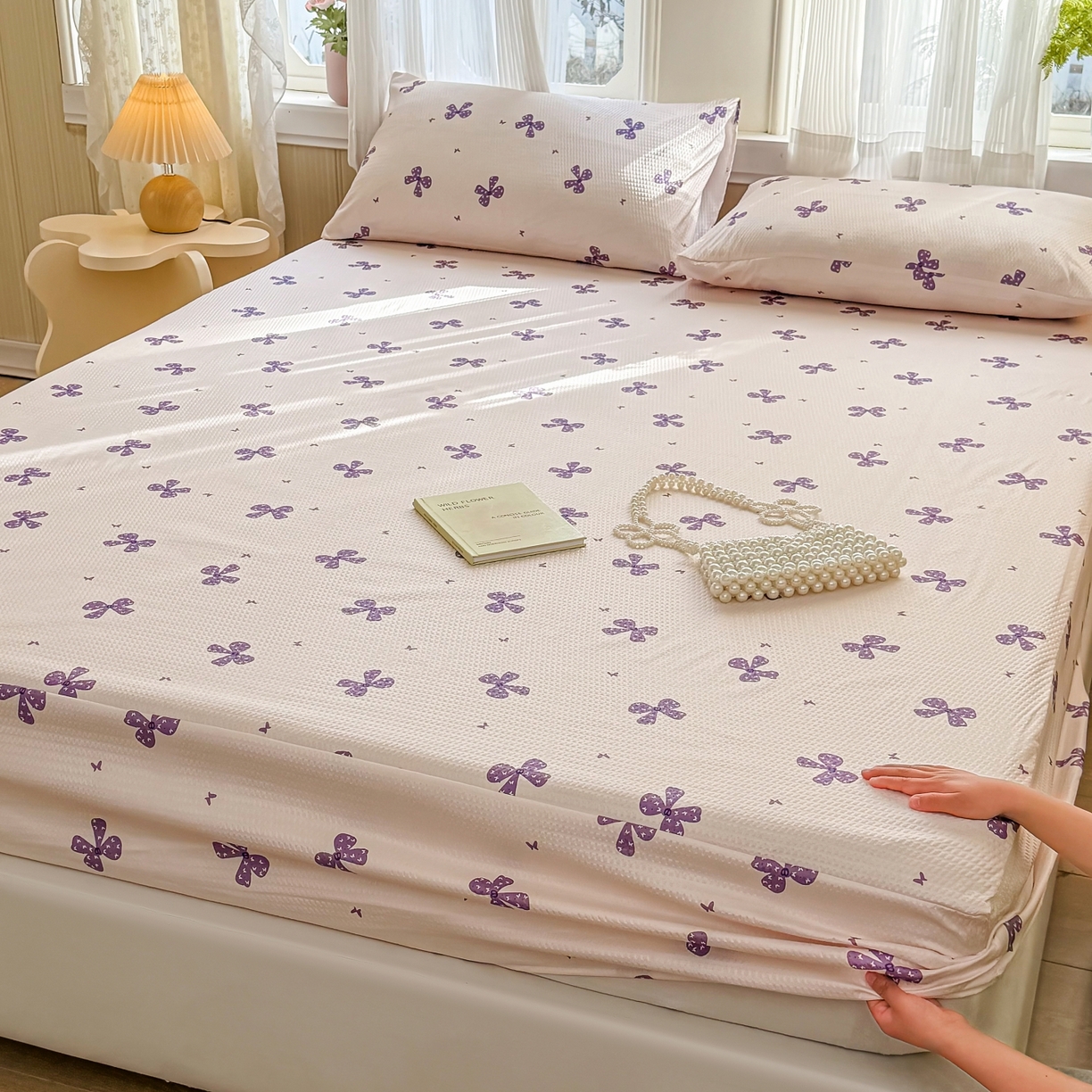 91家纺网 家纺一手货源 找家纺 鹿辉家居（原吉欧力） 2026新款3D立体压泡床笠三件套 紫蝴蝶结