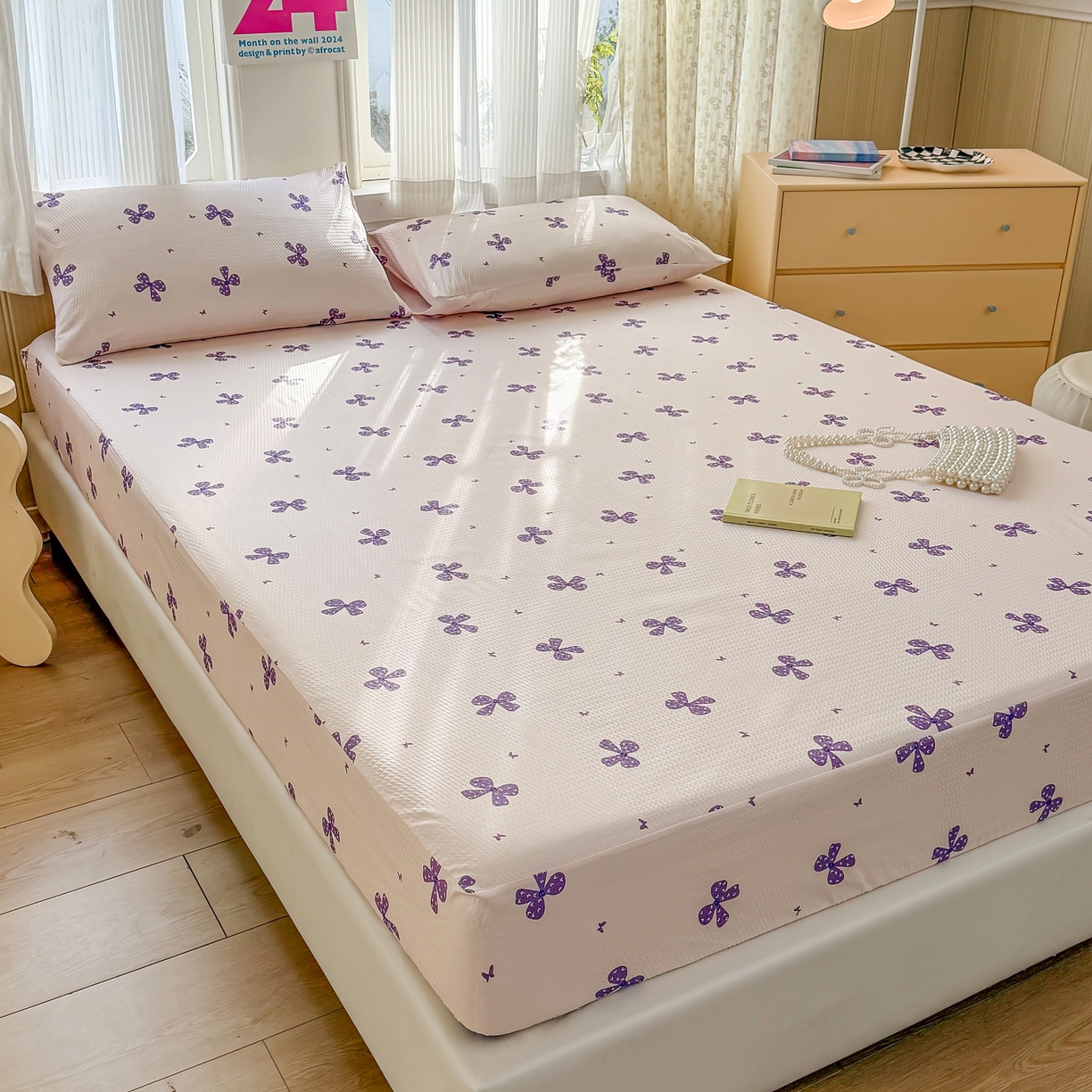 91家纺网 家纺一手货源 找家纺 鹿辉家居（原吉欧力） 2026新款3D立体压泡床笠三件套 紫蝴蝶结