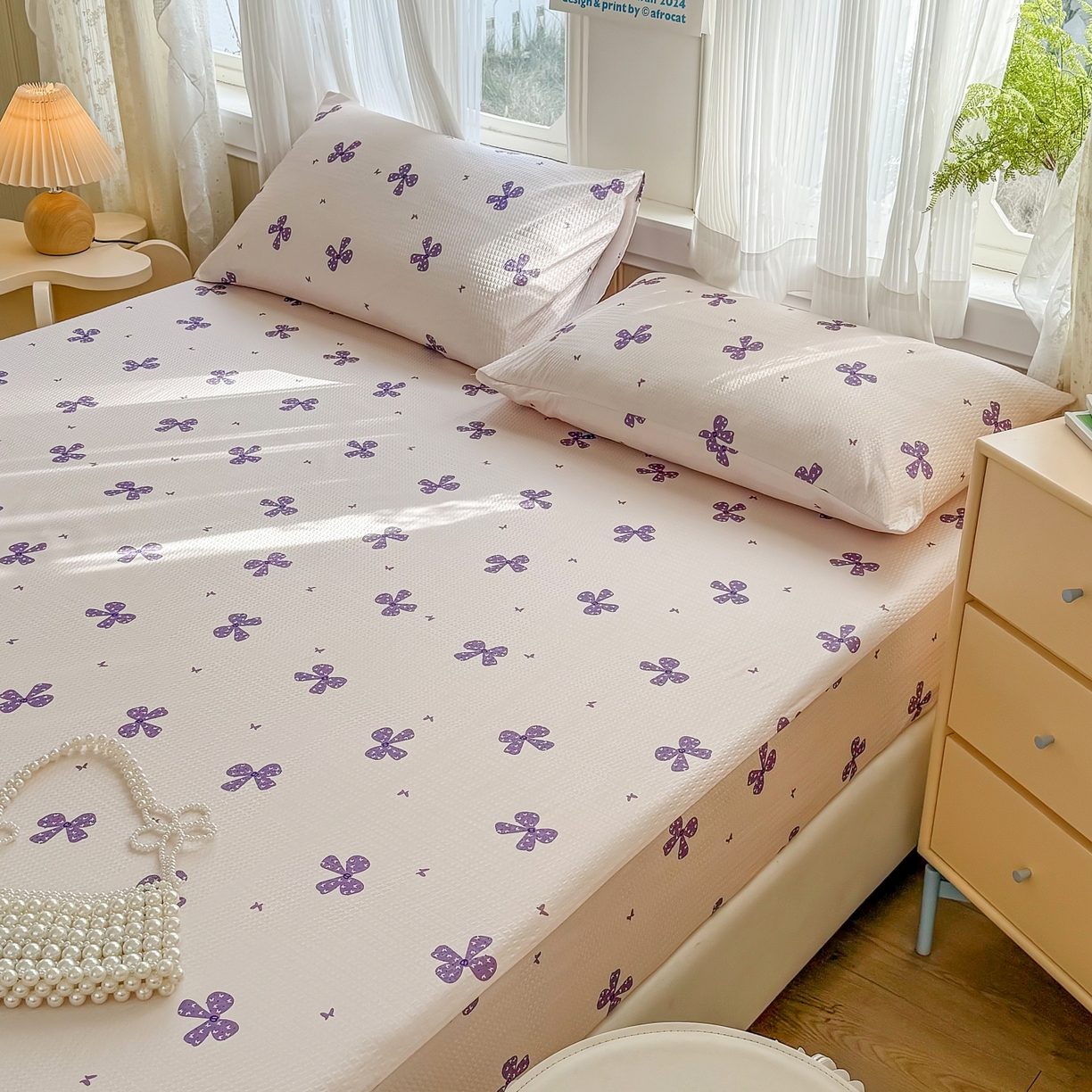 91家纺网 家纺一手货源 找家纺 鹿辉家居（原吉欧力） 2026新款3D立体压泡床笠三件套 紫蝴蝶结