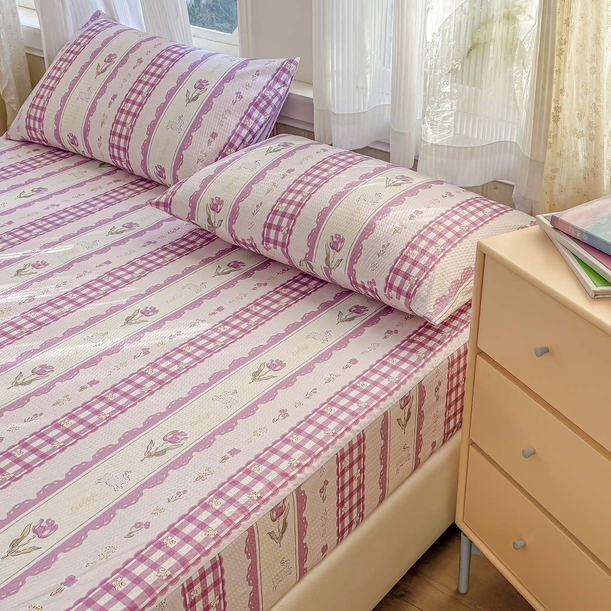 91家纺网 家纺一手货源 找家纺 鹿辉家居（原吉欧力） 2026新款3D立体压泡床笠三件套 郁金香紫