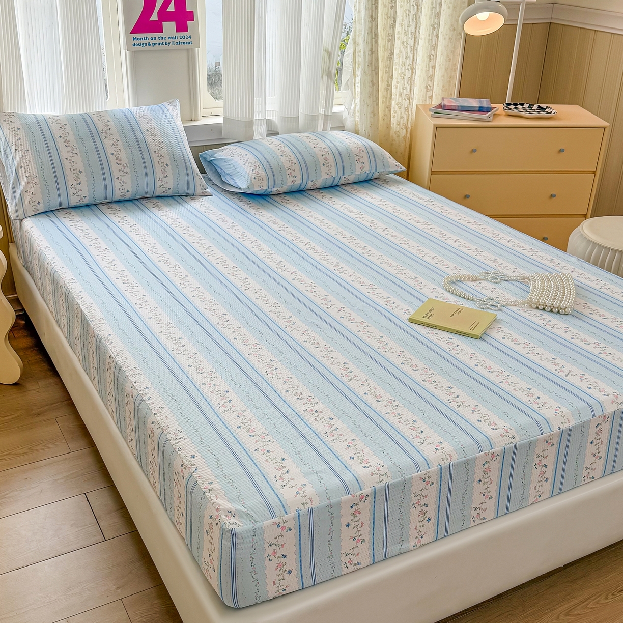 91家纺网 家纺一手货源 找家纺 鹿辉家居（原吉欧力） 2026新款3D立体压泡床笠三件套 蓝韵花香