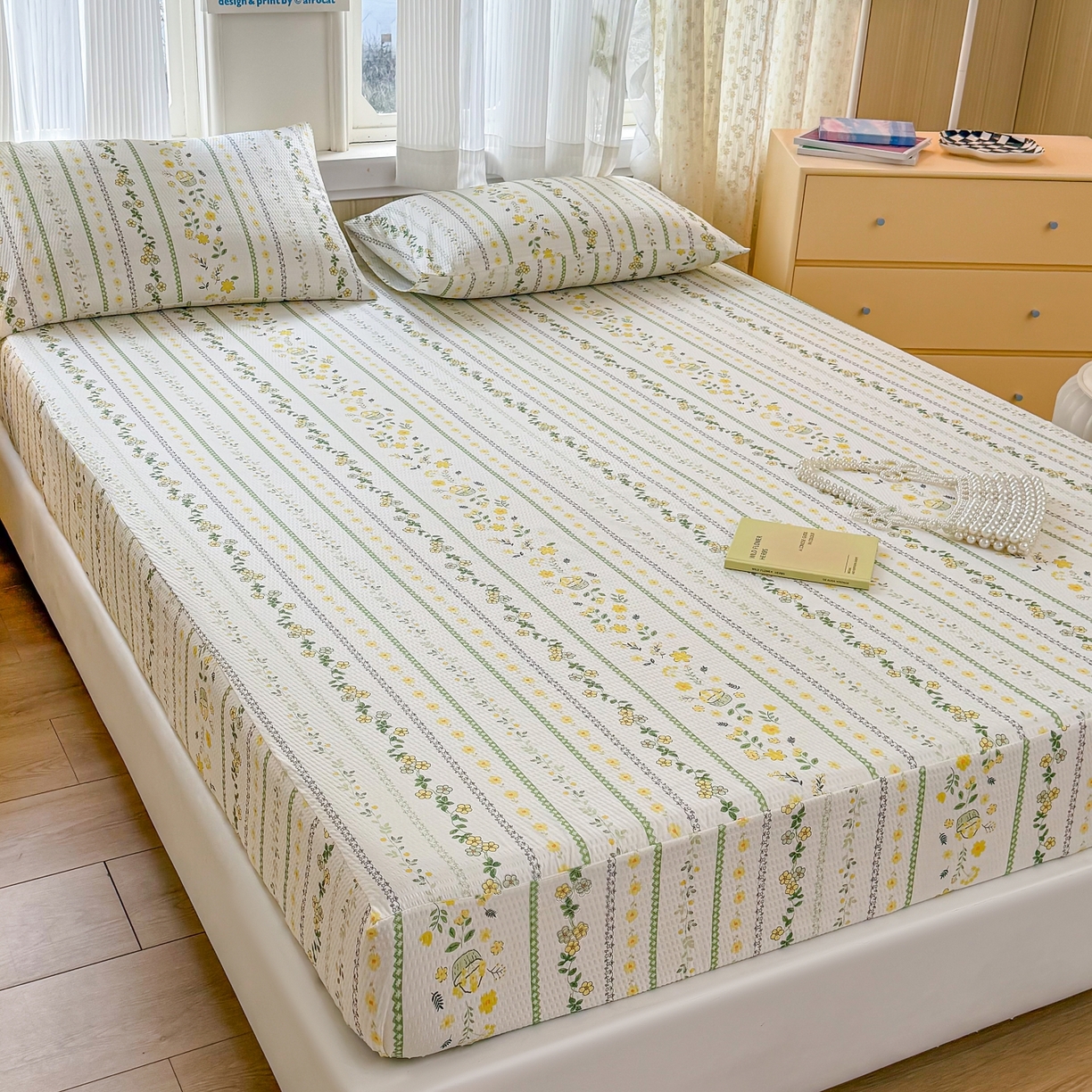 91家纺网 家纺一手货源 找家纺 鹿辉家居（原吉欧力） 2026新款3D立体压泡床笠三件套 绿色经典