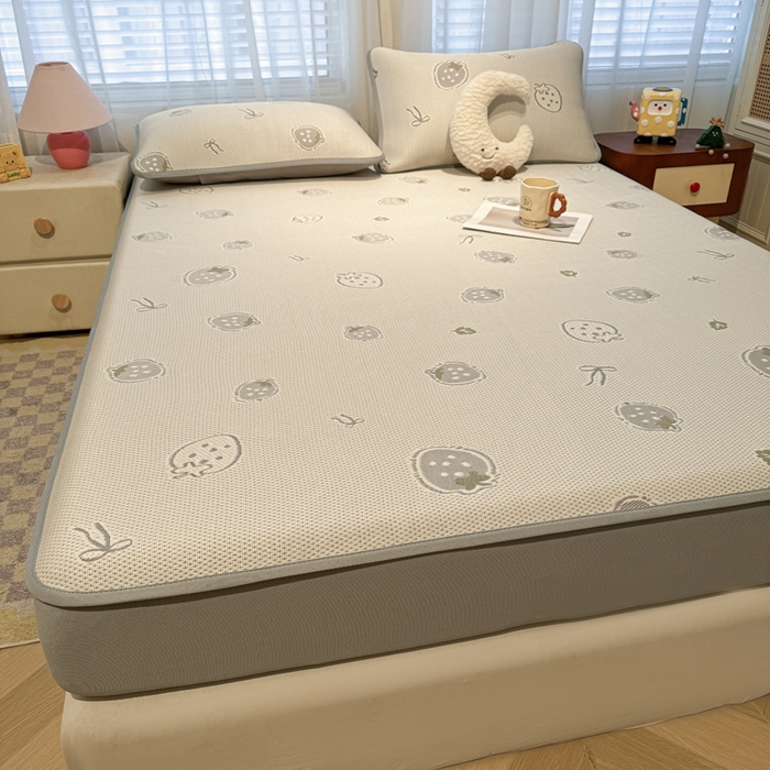 91家纺网 家纺一手货源 找家纺 凯罗 2026春夏凉豆豆小红书爆款A类乙纶PE凉豆豆床笠款可水洗床笠 波点草莓-绿