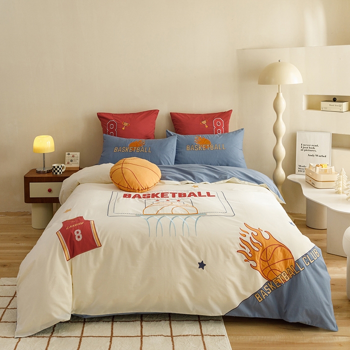 绒梦里 2026新款A类全棉水洗棉卡通贴布绣套件三四件套 挚爱篮球-米色