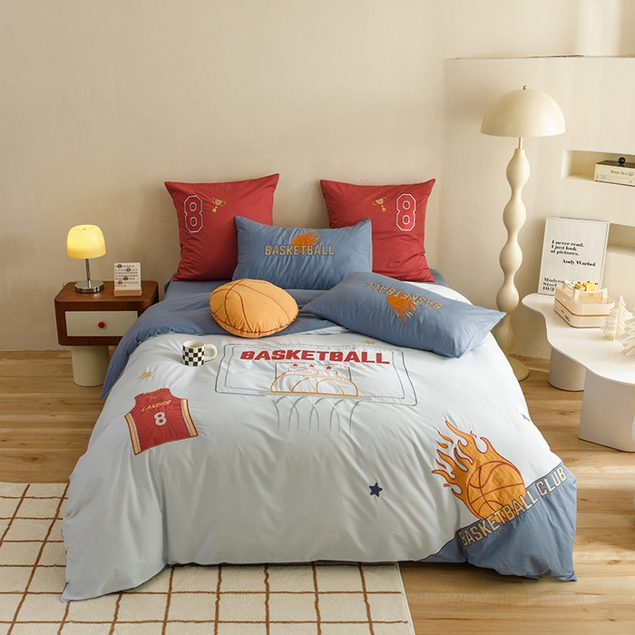 绒梦里 2026新款A类全棉水洗棉卡通贴布绣套件三四件套 挚爱篮球-浅蓝