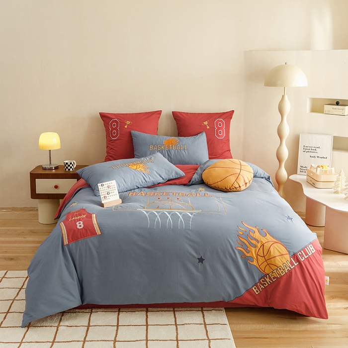 绒梦里 2026新款A类全棉水洗棉卡通贴布绣套件三四件套 挚爱篮球-英伦蓝