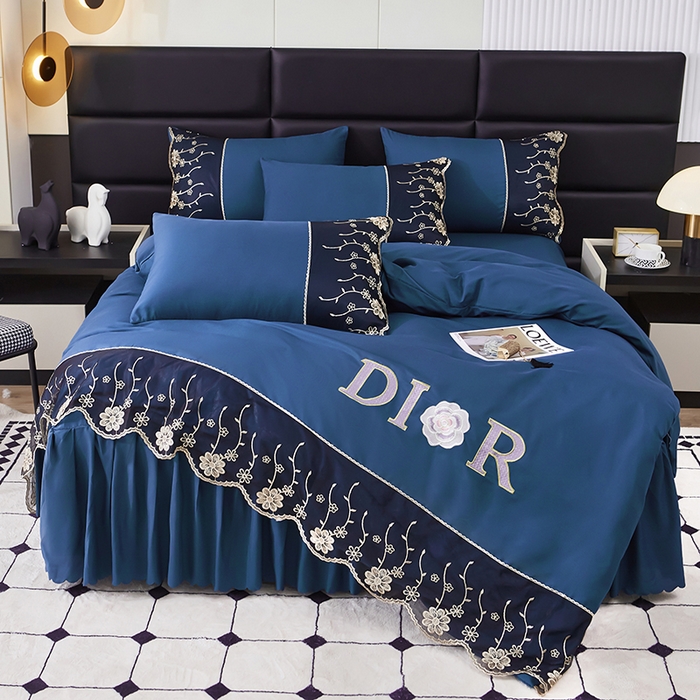 91家纺网 家纺一手货源 找家纺 沐珩家纺 2026新款亲肤磨毛蕾丝刺绣床裙四件套-蒂欧系列 蒂欧-宾利蓝