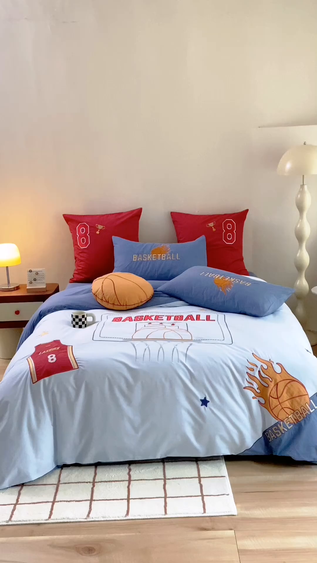 91家纺网 家纺一手货源 找家纺 绒梦里 2026新款A类全棉水洗棉卡通贴布绣套件三四件套 挚爱篮球-浅蓝