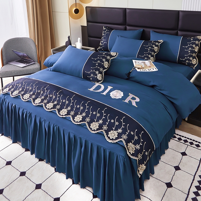 91家纺网 家纺一手货源 找家纺 沐珩家纺 2026新款亲肤磨毛蕾丝刺绣床裙四件套-蒂欧系列 蒂欧-宾利蓝